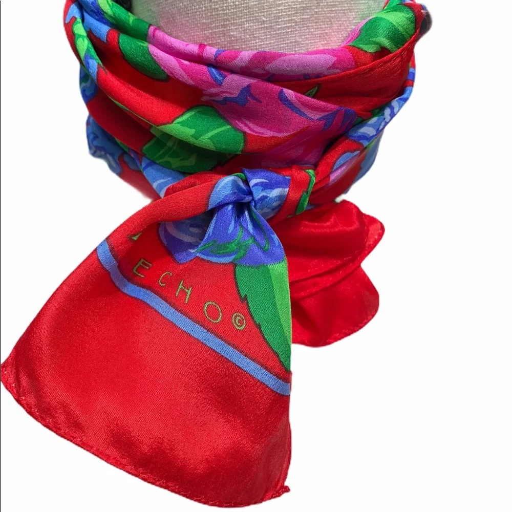 Vintage 100% Silk Red Floral Rose Scarf | ECHO